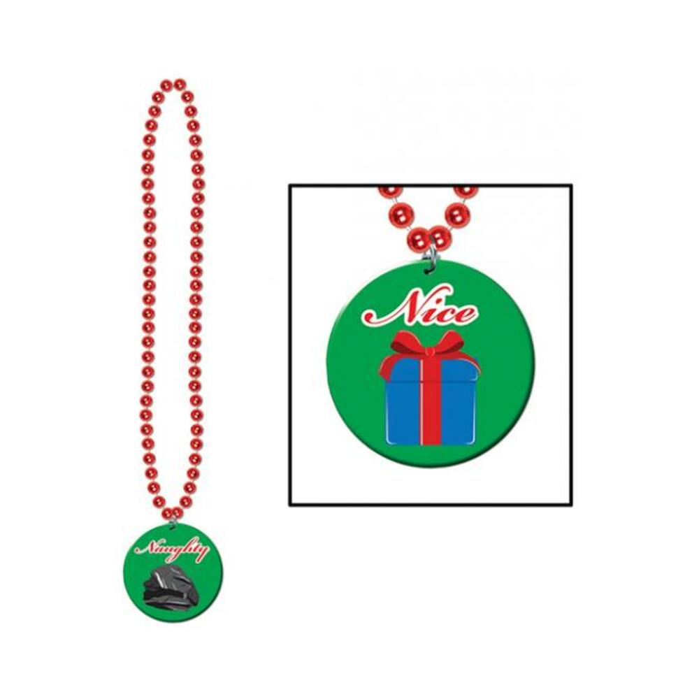 Holiday Beads W/naughty Or Nice Medal - Green/red