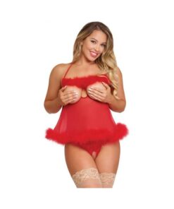 Magic Silk Marabou Cupless & Crotchless Babydoll Set Red S/m