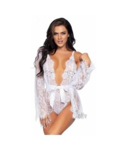 Floral Lace Teddy Thong Robe Tie Sm Wht