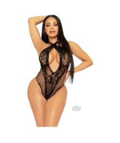 Lace Net Keyhole Halter Teddy Os Blk
