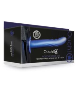 Ouch! Textured Curved Hollow Strap-on 8 In. Metallic Blue
