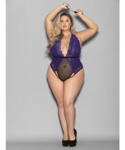 Euphoria Halter Lace & Mesh Teddy W/wrist Restraints Purple/black Qn
