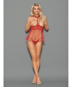 Euphoria Open Top Choker Attached Babydoll W/open Crotch Panty Red O/s
