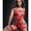 Caged Teddy & Lace Garters Red O/s