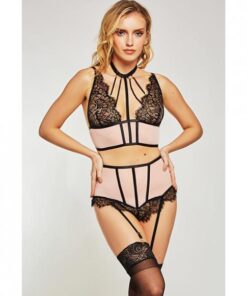 Estrella Lace & Stretch Sateen Bra & Garter Set Pink/black Lg