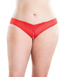 Crotchless Thong Panty with Pearls Red 1X/2X