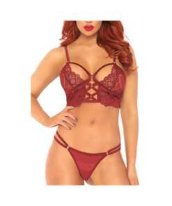 2pc Lace Bralette With Cage Strap O-ring Bodice Detail And Matching Duel Strap Sheer G-string