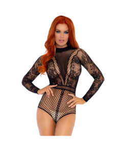High Neck Floral Lace Bodysuit With Full Back Fishnet Snap Crotch Panty Os Black
