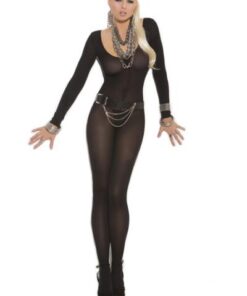 Long Sleeves Bodystocking Open Crotch Black Qn